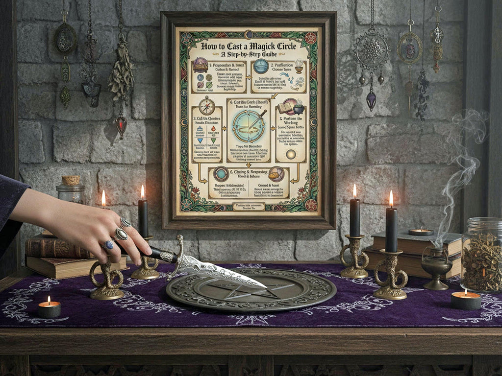 Magical saltar etup with a framed spellbook, candles, and witchcraft tools on a stone wall background.