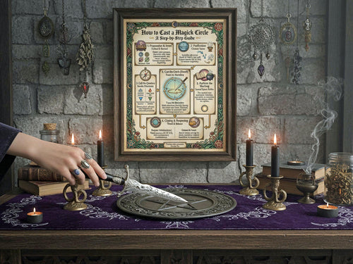 Magical saltar etup with a framed spellbook, candles, and witchcraft tools on a stone wall background.