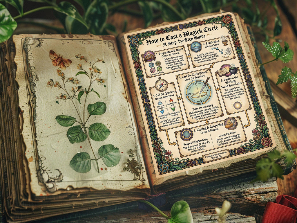 Vintage book of shadows on magic with illustrations and text, surrounded by greenery