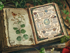 Vintage book of shadows on magic with illustrations and text, surrounded by greenery