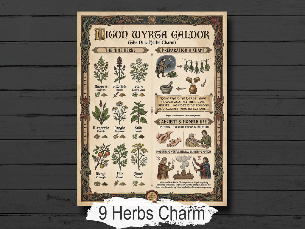 Nine Herbs Charm: Nigon Wertha Galdor, a Medieval Protection Charm, printable page for your Book of Shadows.