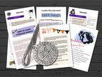 Seven pages with homework, how to clear and release energy, goddess incantations, and motivational text on a black wood background with a pentacle and athame placed on top of them.