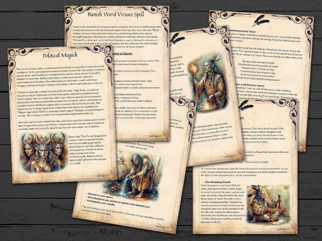 Set of shaman magick spell pages about political magic and world viruses, with illustrations on a wooden surface