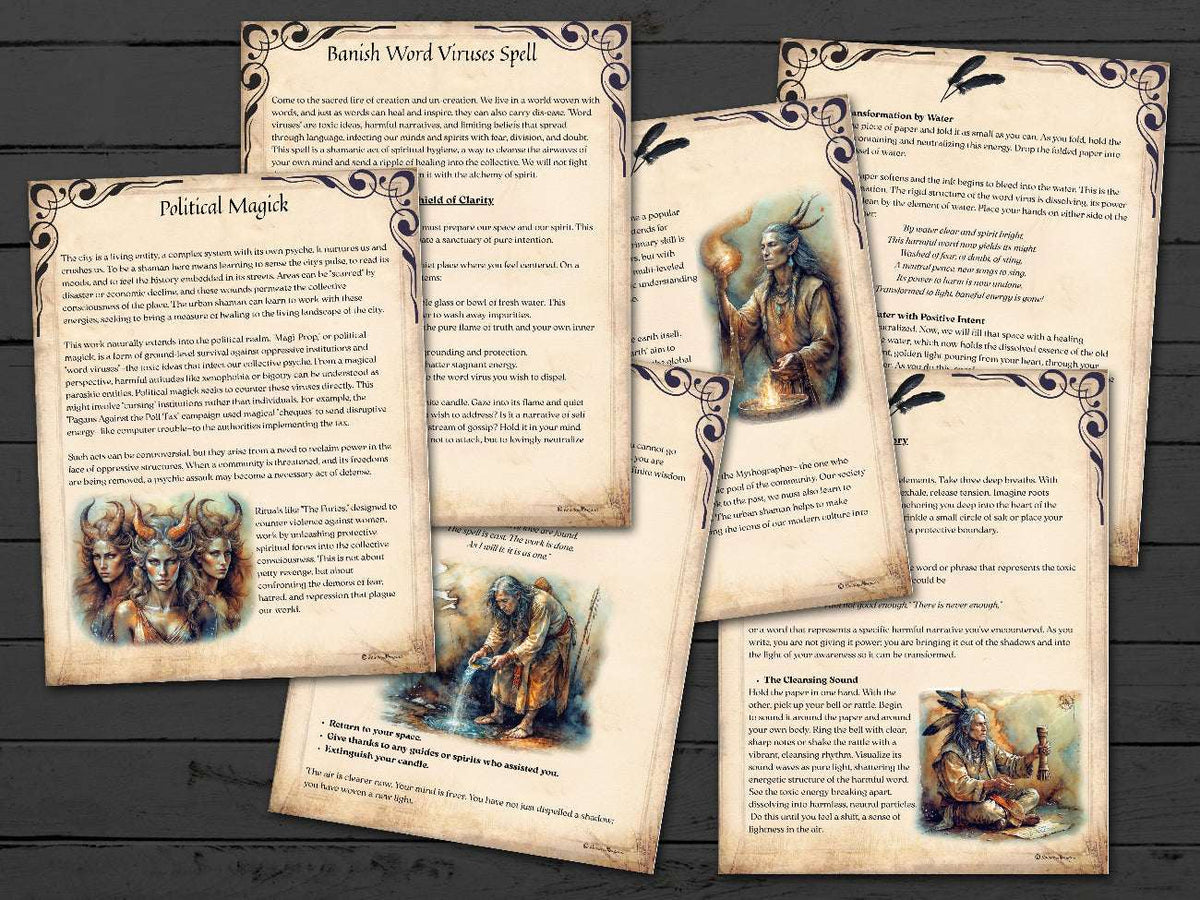 Set of shaman magick spell pages about political magic and world viruses, with illustrations on a wooden surface