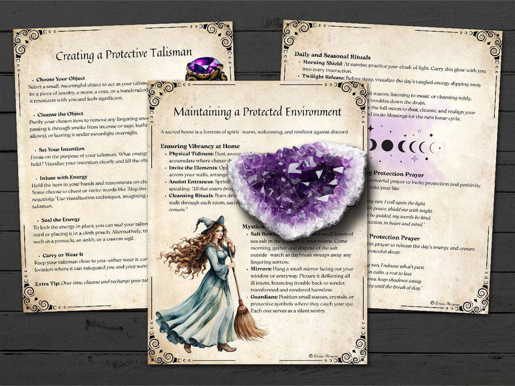 Magical spellbook pages  on maintaining a protected environment and creating a protective talisman, with an amethyst crystal on a wooden background