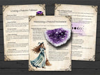 Magical spellbook pages  on maintaining a protected environment and creating a protective talisman, with an amethyst crystal on a wooden background