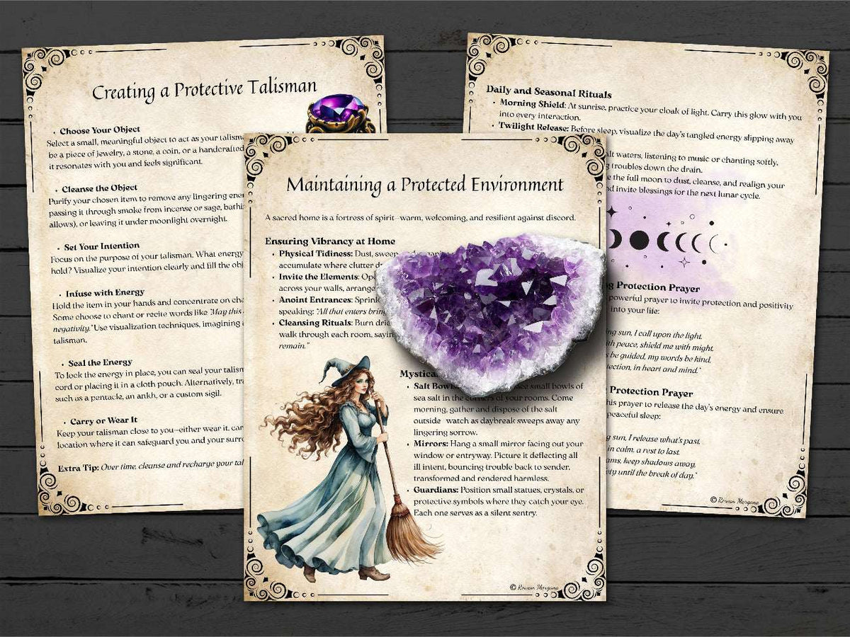 Magical spellbook pages  on maintaining a protected environment and creating a protective talisman, with an amethyst crystal on a wooden background