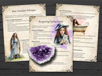 Three educational pages on a wooden surface with text and illustrations related to psychic attacks and protection techniques.
