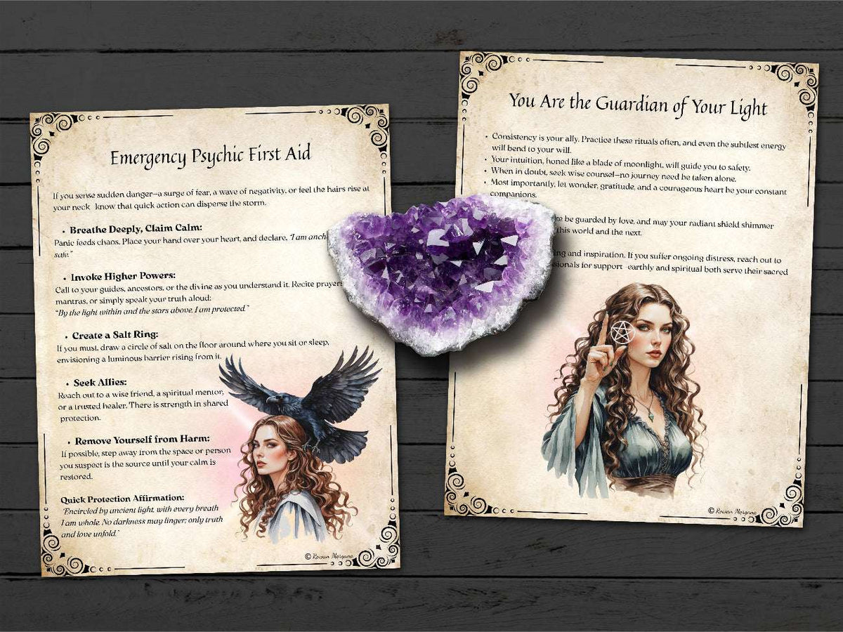 Two pages on psychic first aid and being the guardian of your light, with text and illustrations of a woman and a bird, a purple crystal in the center on a dark wooden background.
