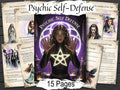 Psychic Self-Defense book cover with a woman holding hands outwards and a star symbol, surrounded by pages on a dark background.