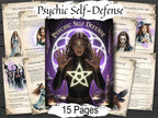 Psychic Self-Defense book cover with a woman holding hands outwards and a star symbol, surrounded by pages on a dark background.