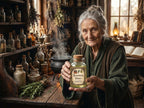 Old woman holding a bottle of 'Rosemary Water' in a rustic apothecary setting.