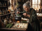 Old woman in a kitchen stirring a pot with herbs, surrounded by books and bottles.