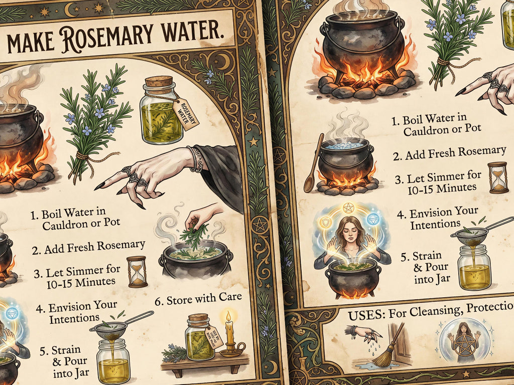 Instructions for making rosemary water with illustrations and text.