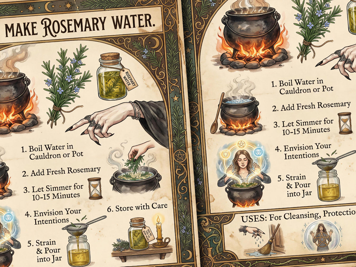 Instructions for making rosemary water with illustrations and text.