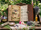 Open book of shadows showing two pages titled 'Herbal Blend for Magic'  and Rowan Berry Charm with herbs, flowers, and a candle on a wooden table outdoors.