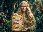 Woman in a fantasy setting holding a herbal  parchment page title Rowan Berry Charm, surrounded by nature