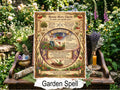 Garden spell infographic page with herbs, candle, and stones on a garden bench