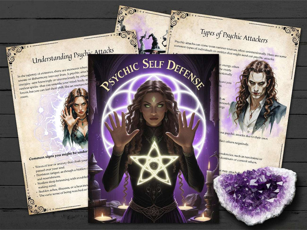 Title page of 'Psychic Self Defense' with a woman holding hands outwards, surrounded by candles and an amethyst crystal on a wooden surface.