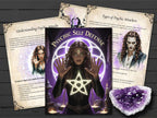 Title page of 'Psychic Self Defense' with a woman holding hands outwards, surrounded by candles and an amethyst crystal on a wooden surface.