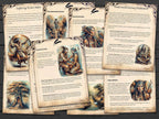 Set of shaman-themed educational pages about meditation and trance with illustrations and text on a wooden surface