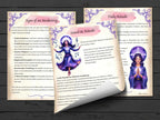 Three pages titled signs of awakening, daily rituals and sound and rituals,  with text and illustrations of a woman in a purple outfit on a wooden surface.