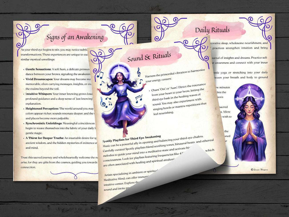 Three pages titled signs of awakening, daily rituals and sound and rituals,  with text and illustrations of a woman in a purple outfit on a wooden surface.