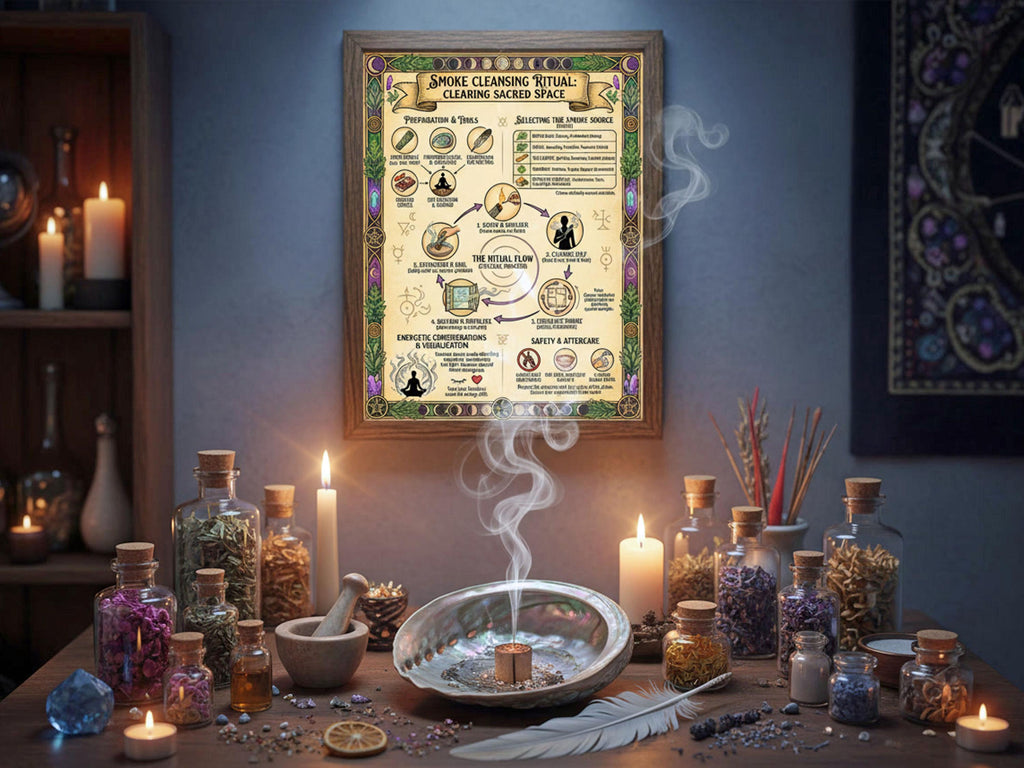 Magical altar setup with herbs, candles, and a poster on a wall
