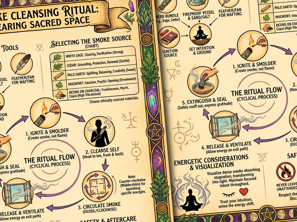 Instructions for a cleansing ritual with diagrams and text on a beige parchment background