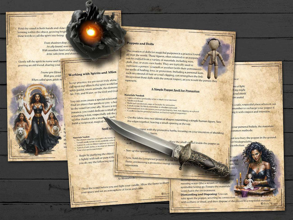 Magical spellbook pages with a dagger, candle, and illustrations of a witch and animals on a wooden background.