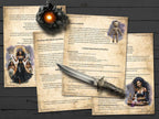 Magical spellbook pages with a dagger, candle, and illustrations of a witch and animals on a wooden background.