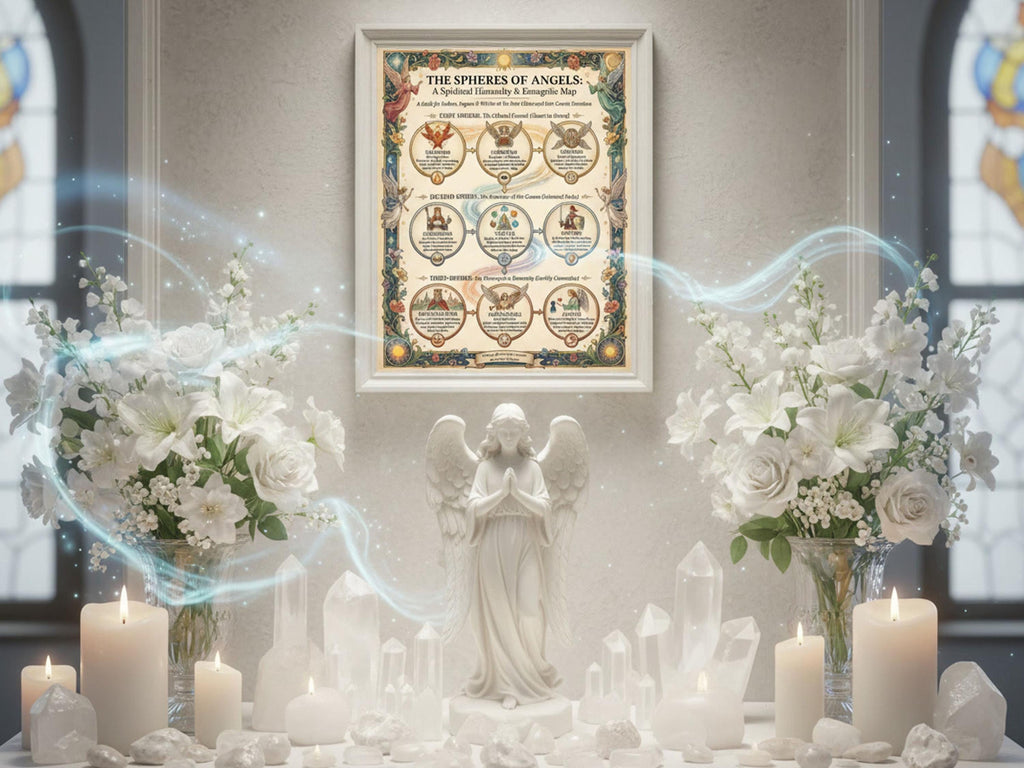 Decorative altar setup with angel statue, candles, and flowers on a table with a framed spheres of angels poster on the wall behind it.