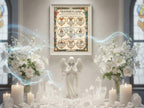 Decorative altar setup with angel statue, candles, and flowers on a table with a framed spheres of angels poster on the wall behind it.