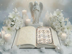 Open book with angelic illustrations, surrounded by white flowers and candles on a soft background