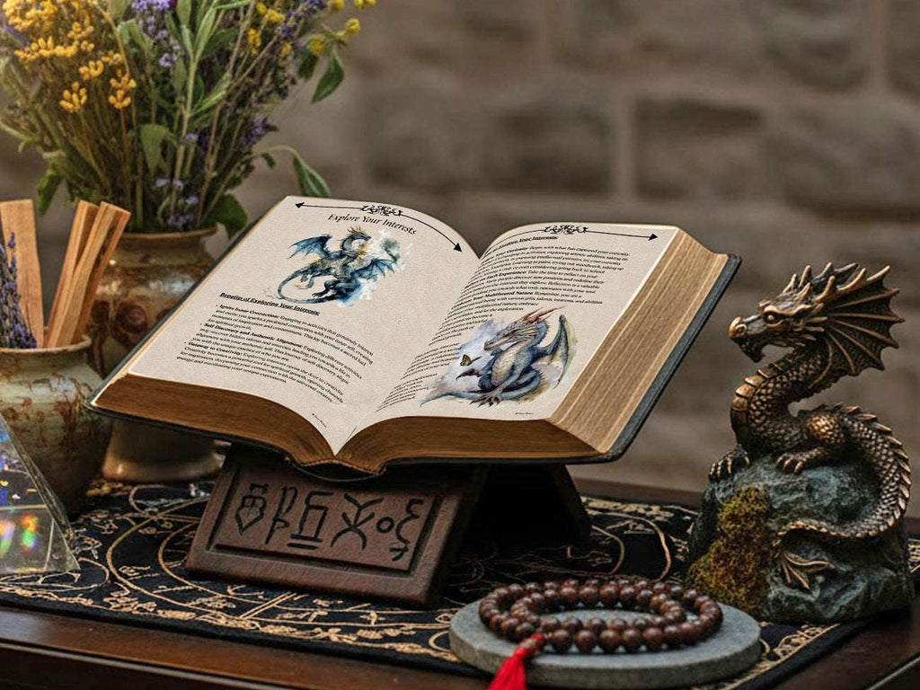 Spiritual awakening Grimoire  placed on a dragon themed altar.