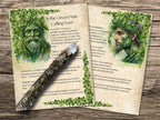 Two pages featuring illustrations of a green man and nature-themed text on a wooden surface.