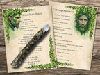 Two pages with green man prayer and correspondences on a wooden surface