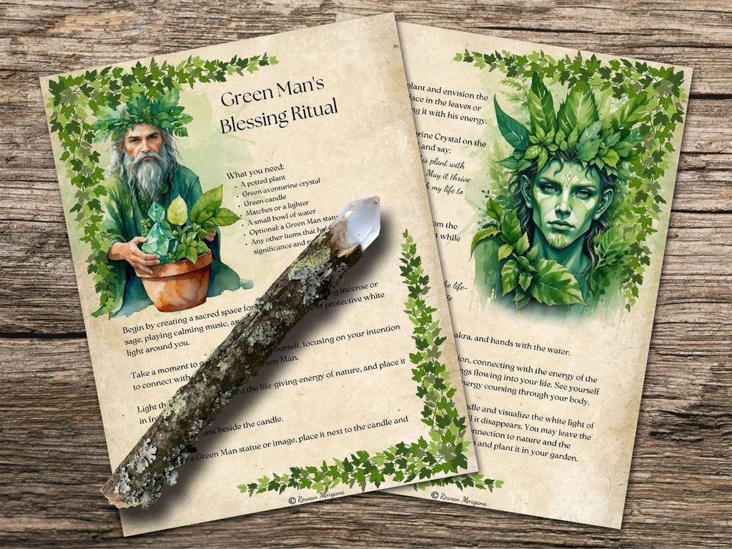 Two pages with information on conducting a Green Man Blessing Ritual, with illustrations of a bearded man and a woman, surrounded by foliage, on a wooden surface.