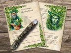 Two pages with information on conducting a Green Man Blessing Ritual, with illustrations of a bearded man and a woman, surrounded by foliage, on a wooden surface.