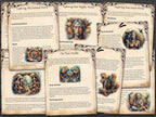 Set of shaman-themed educational pages about the three worlds of the shaman, with illustrations and text on a wooden surface