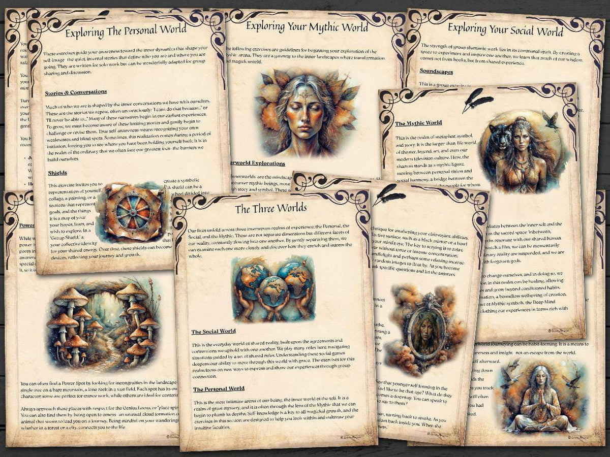 Set of shaman-themed educational pages about the three worlds of the shaman, with illustrations and text on a wooden surface
