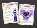 Two pages titled awakening visualizations and third eye aromatherapy, on a wooden surface, featuring text and an illustration of a woman in a purple dress.