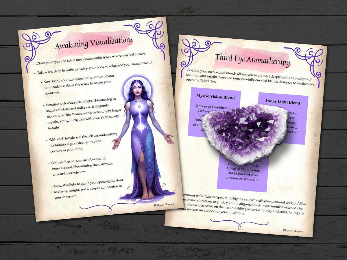 Two pages titled awakening visualizations and third eye aromatherapy, on a wooden surface, featuring text and an illustration of a woman in a purple dress.