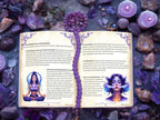 Open book on a beautiful witchcraft altar with illustrations of a woman in meditation, surrounded by purple candles and crystals.