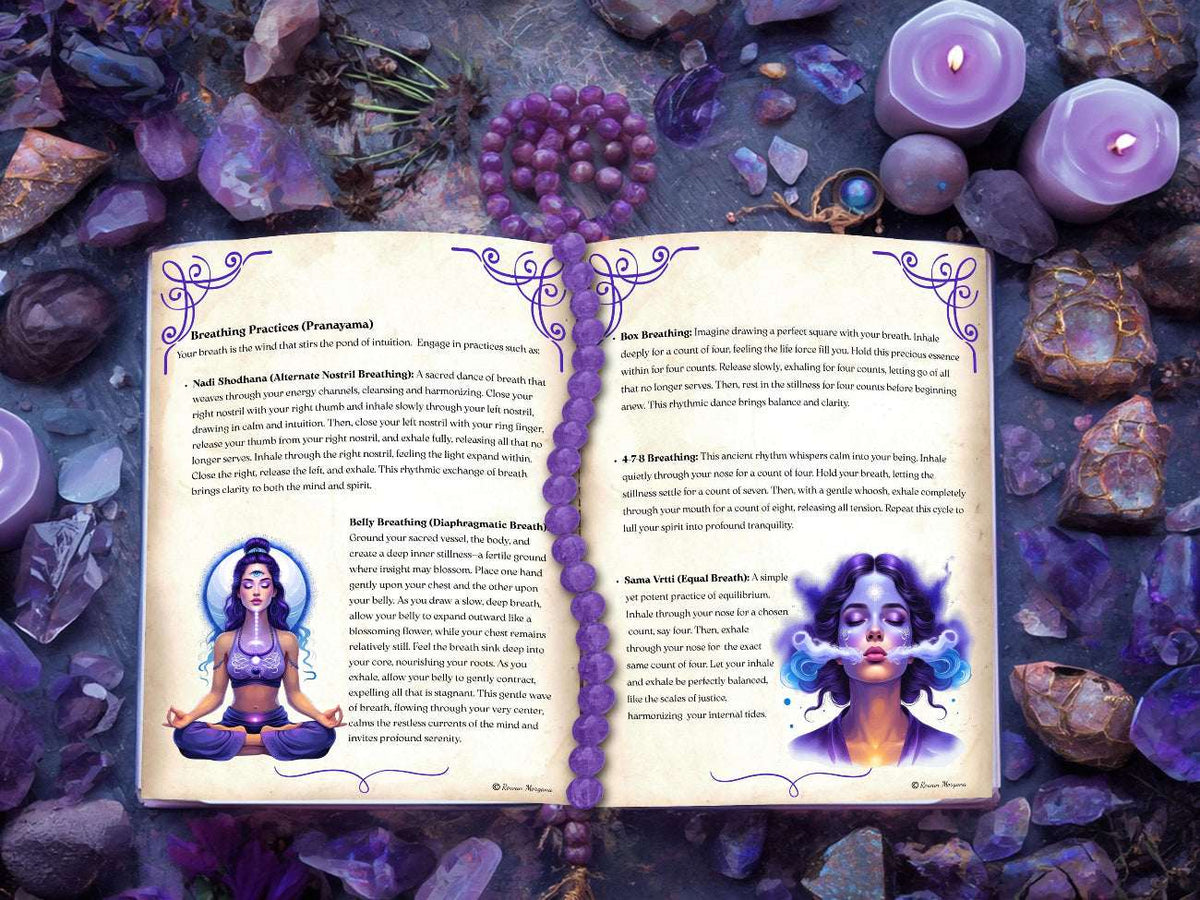 Open book on a beautiful witchcraft altar with illustrations of a woman in meditation, surrounded by purple candles and crystals.