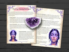 Two pages titled third eye openng meditation, with an amethyst crystal on a wooden surface