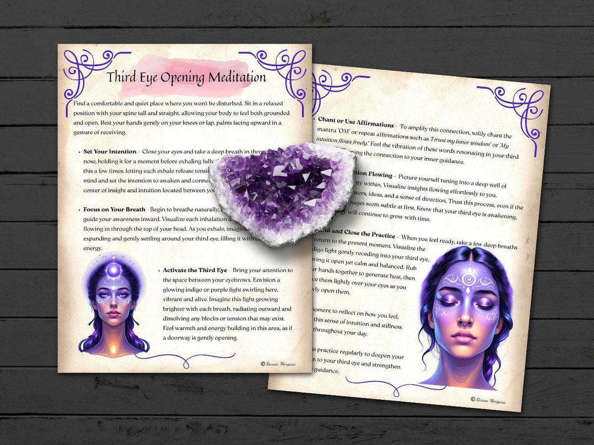 Two pages titled third eye openng meditation, with an amethyst crystal on a wooden surface