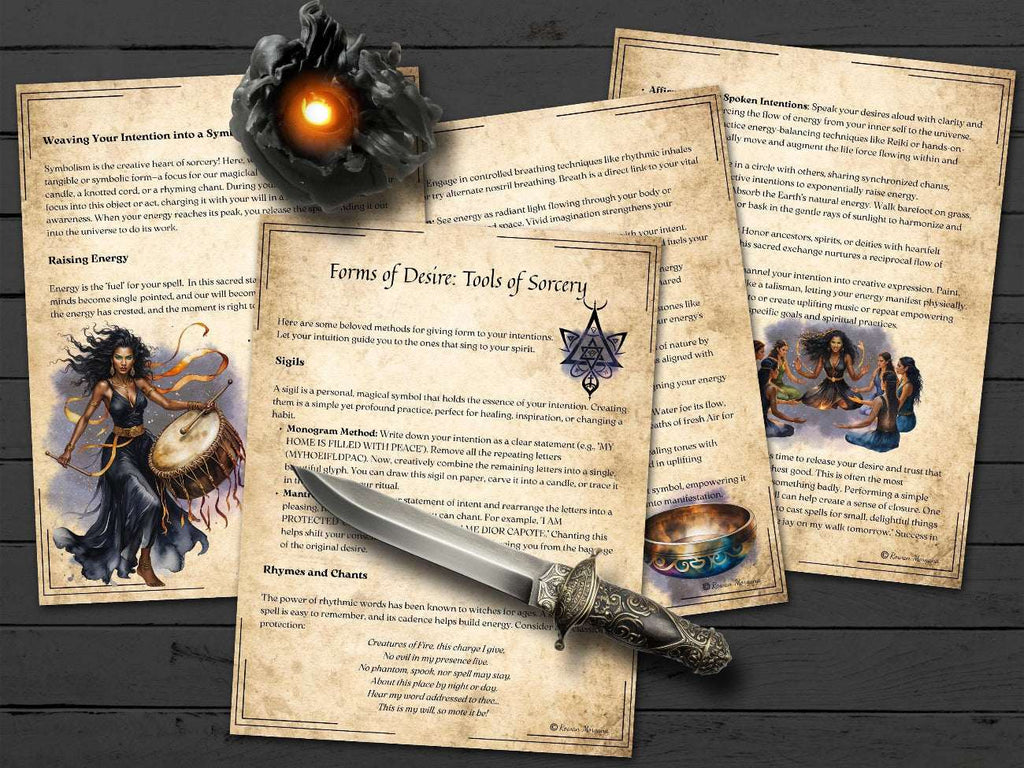 Magical spellbook pages  on the tools of sorcery, with a dagger and candle on a wooden surface