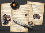 Magical spellbook pages  on the tools of sorcery, with a dagger and candle on a wooden surface