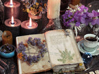 Image of the Voynich Manuscript Book is open upon a Wiccan Altar 